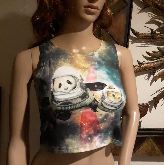 🎉NWOT! Pink Star Dust Cat & Panda Crop Top Sz S🎉 - Picture 2 of 8